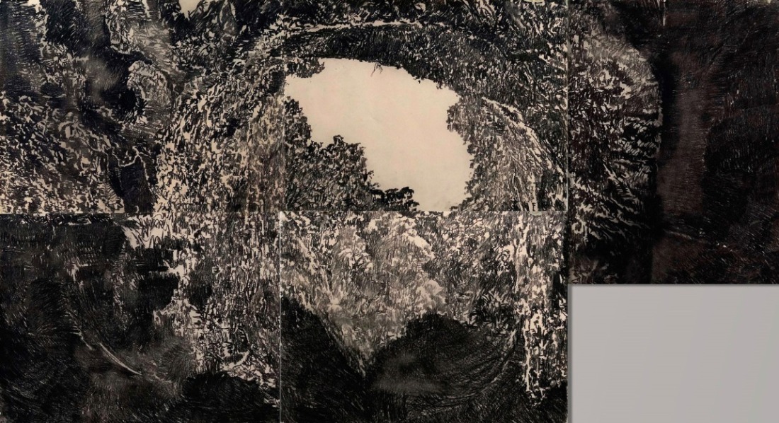 Jorge'ė da Cruzas Kraštovaizdžio gabalėlis – ola I, 2018. Popierius, anglis, 80 x 20
